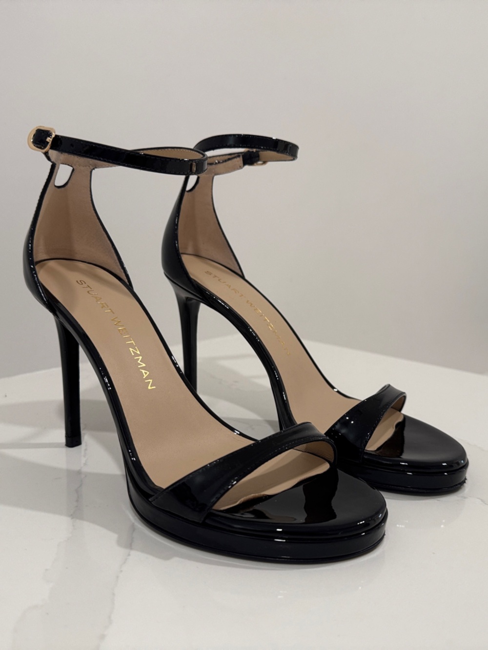 Stuart Weitzman Black Patent Leather Ankle-Strap Stilettos